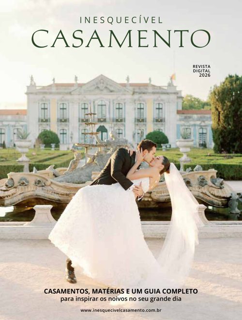 Capa da Revista Inesquecível Casamento de outubro 2026: casal de noivos em frente a um palácio com jardins